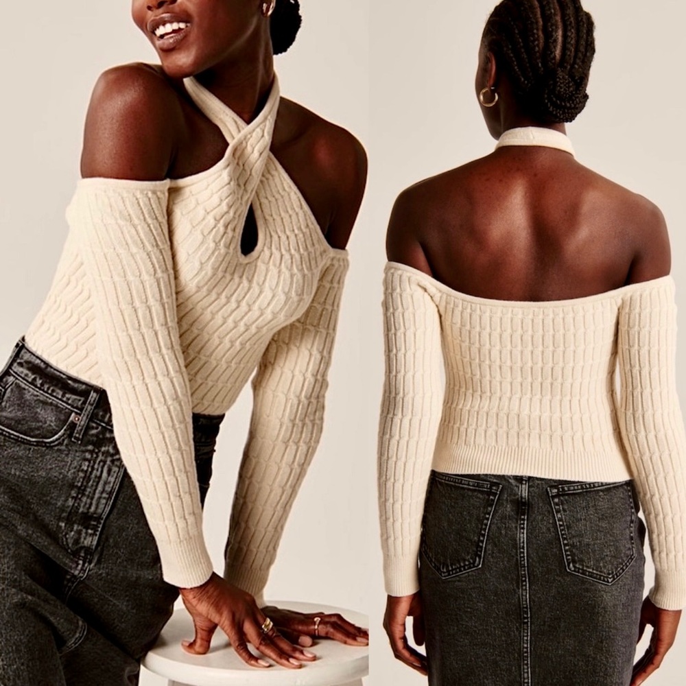 ✨NWOT ABERCROMBIE & FITCH Cable Knit Twist Halter Sweater Cream Small